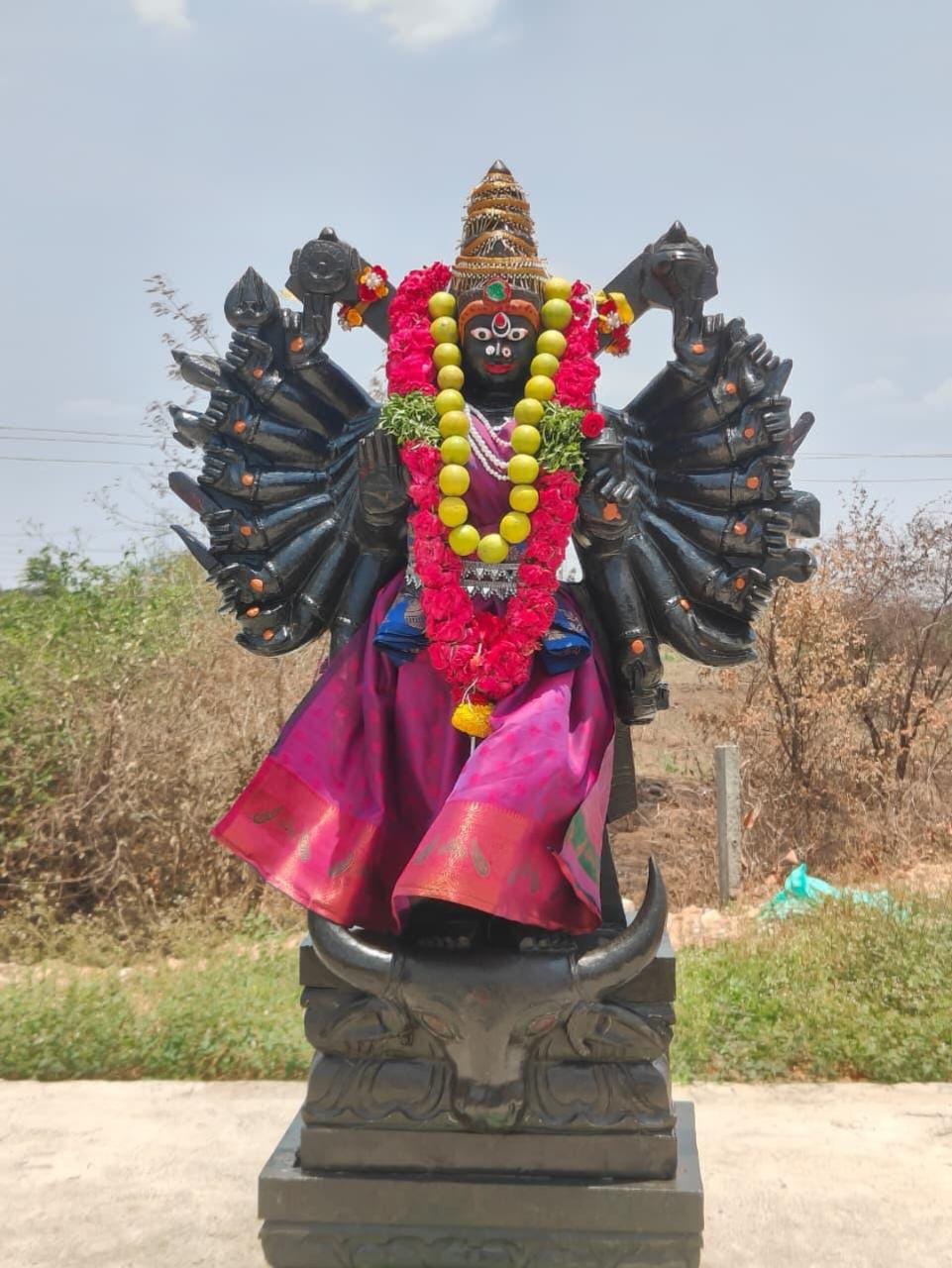 Pratyangira Devi statue decorated with flowers